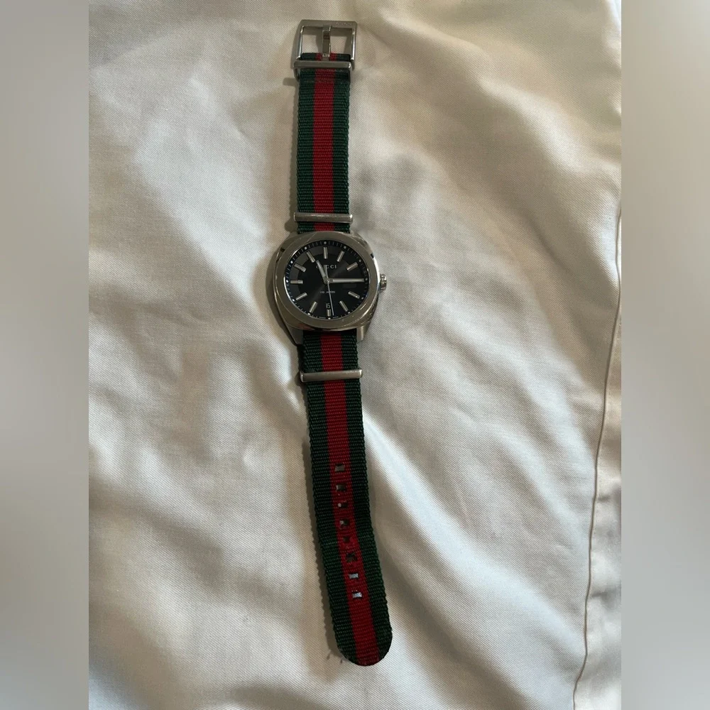 Gucci Black Dial Stainless Watch with Green and Red Nylon Strap